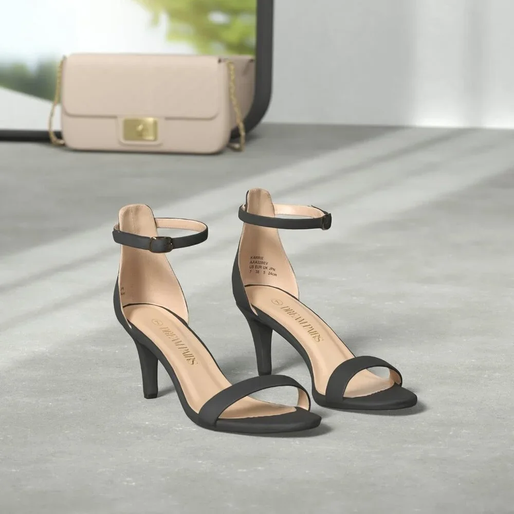 Women's Black-Nubuck Flower Ankle Strap Stiletto Round Open Toe Stylish Heel